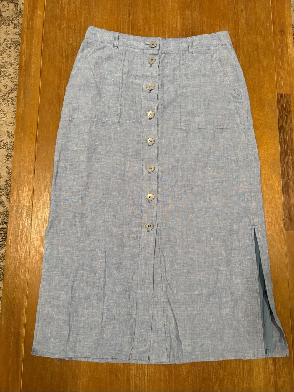 Talbots Sky Blue Button-Front Linen Midi Skirt